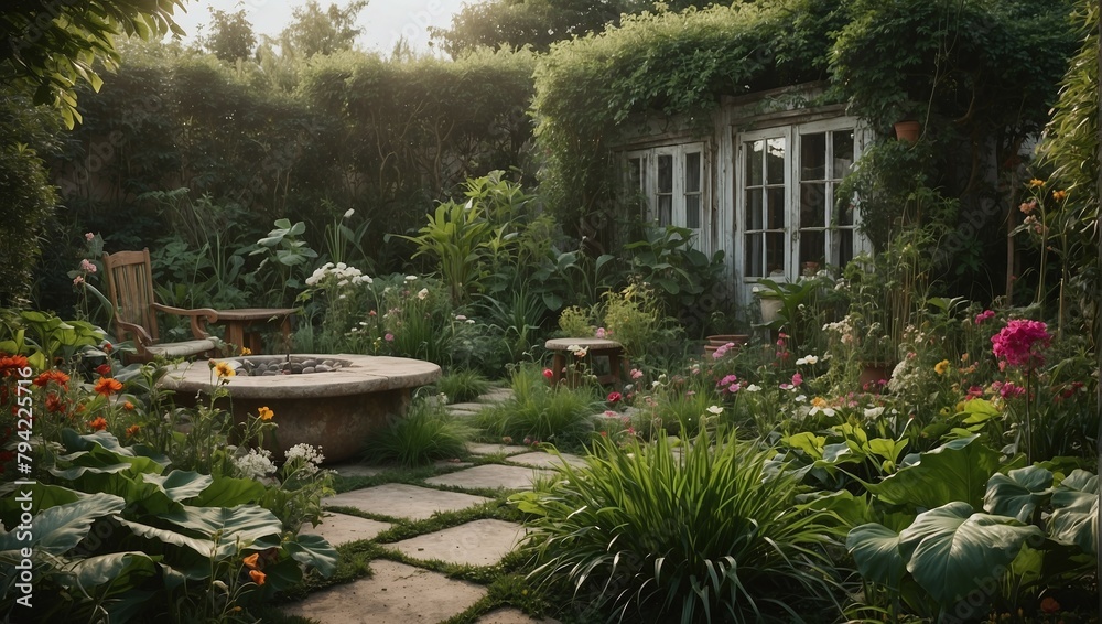 A garden oasis in the backyard of the house, carefully maintained by its owner A garden oasis in the backyard of the house, carefully maintained by its owner