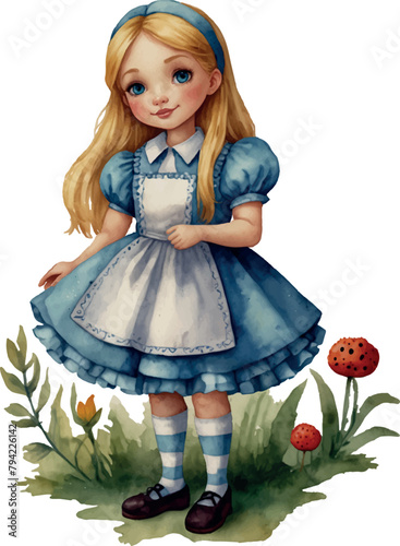 Watercolour Alice from Wonderland standing in a dress