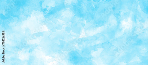 Hand painted cloudy sky blue watercolor background, Creative vintage light sky blue background with various clouds and fogg, watercolor scraped grungy paper texture, Blue sky clouds texture.