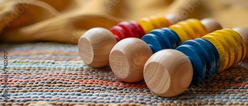 Top view of colorful wooden toys on table for toddler sensory development. Concept Colorful Wooden Toys, Toddler Sensory Development, Top View, Playtime Activities, Early Childhood Education photo
