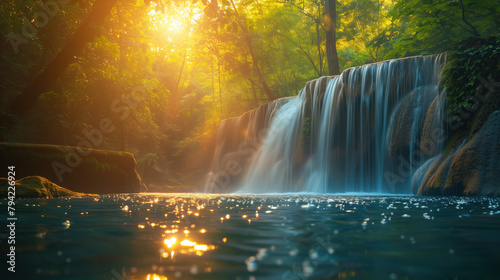 Waterfall in the Forest at Sunset