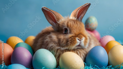 Cute fluffy bunny nestled among colorful Easter eggs