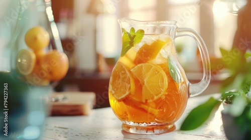 Fresh oranges in a pitcher on a wooden table, perfect for food and beverage concepts