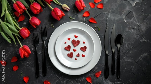 A stylish table arrangement features heart shaped decorations on a pristine white plate accompanied by sleek black cutlery and elegant tulips against a rich dark backdrop Perfect for occasi photo