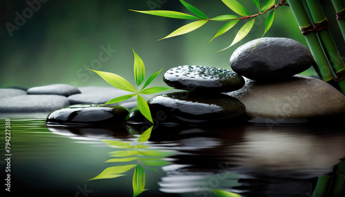 zen stones on water and bamboo background, spa concept. Generative AI,