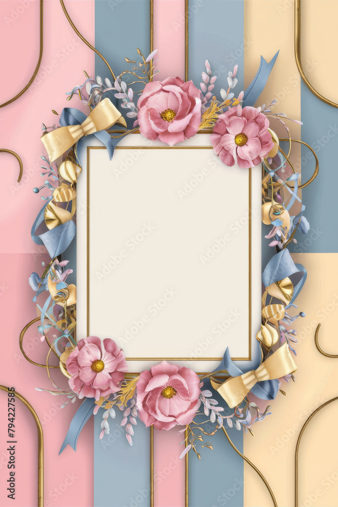 Pink and Blue Striped Wall With Gold Frame