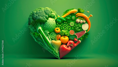 Heart shaped vegetables on a green background high resolution. Generative AI, photo