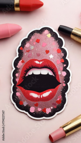 cute sticker with woman lips and lipstick glitter