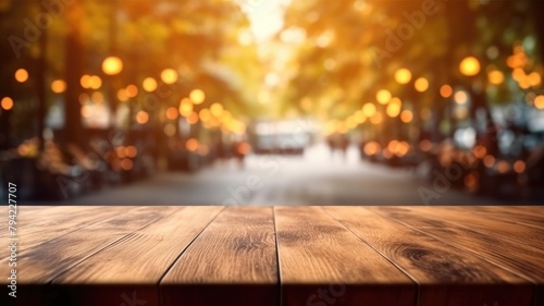 The empty wooden table top with blur background of outdoor cafe at the street. Exuberant image. generative ai photo