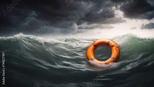 Drifting on the waves, a lifebuoy serves as a beacon of safety in the expansive openness of the sea.