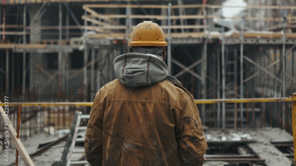 Rear view of builder inspector at construction site, worker's day, labor day Rear view of builder inspector at construction site, worker's day, labor day