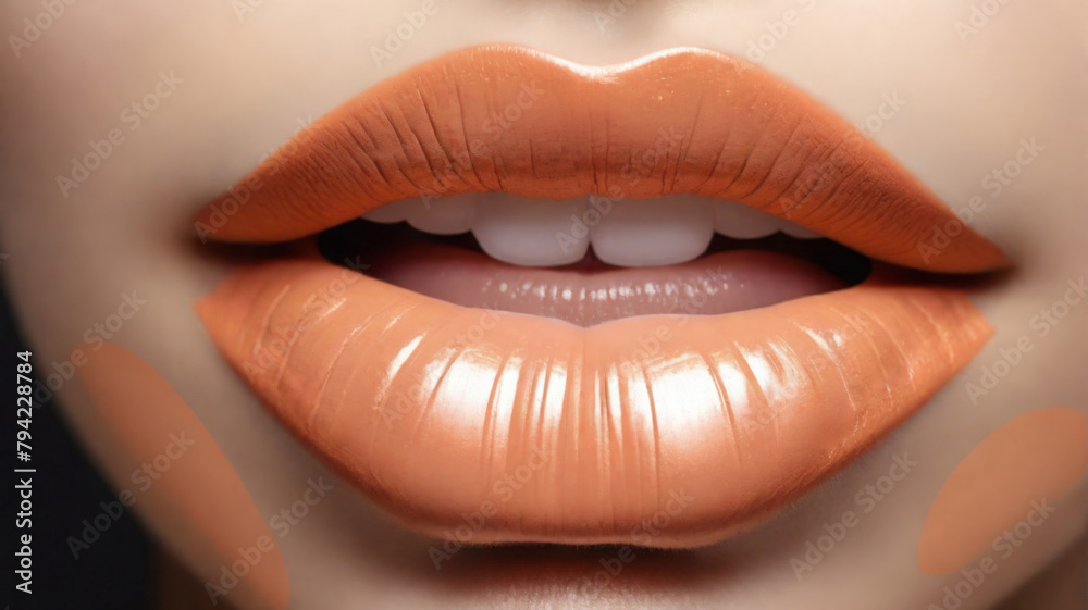 Peach-colored female face with painted lips Peach-colored female face with painted lips