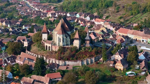 Aerial view of the Fortified Church of Biertan in autumn, Biertan, UNESCO World Heritage Site, Sibiu County, Transylvania, Romania, Europe