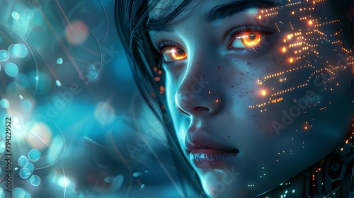portrait of a woman robot, a girl with robotic features with glowing eyes cybernetic enhancement, fusion of technology and humanity in futuristic society