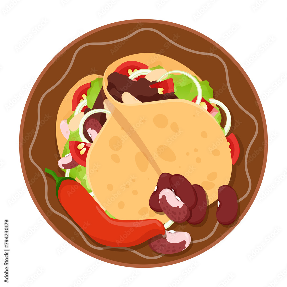 Two Mexican tacos on a plate with chili peppers Two Mexican tacos on a plate with chili peppers