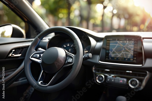 Detailed view of a car steering wheel, suitable for automotive concepts