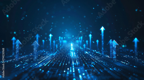 Diagonal stream of growth Up arrows in blue futuristic style on dark technology background with glowing dots or stars. Low poly wireframe high-speed arrows that are flying up. Vector illustration.