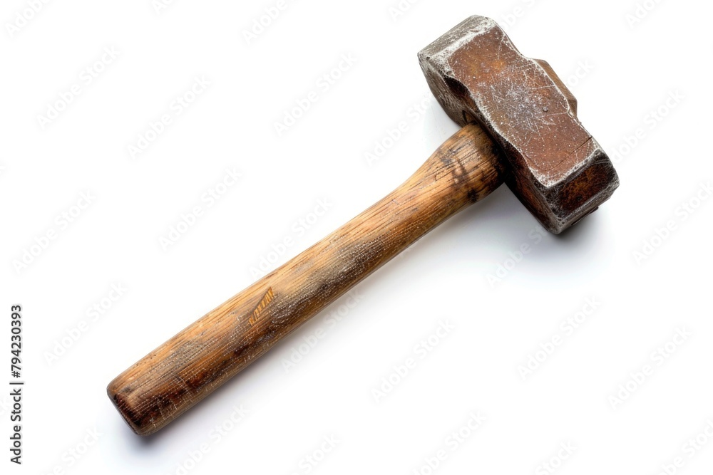 A wooden handle hammer on a white surface, suitable for construction projects A wooden handle hammer on a white surface, suitable for construction projects