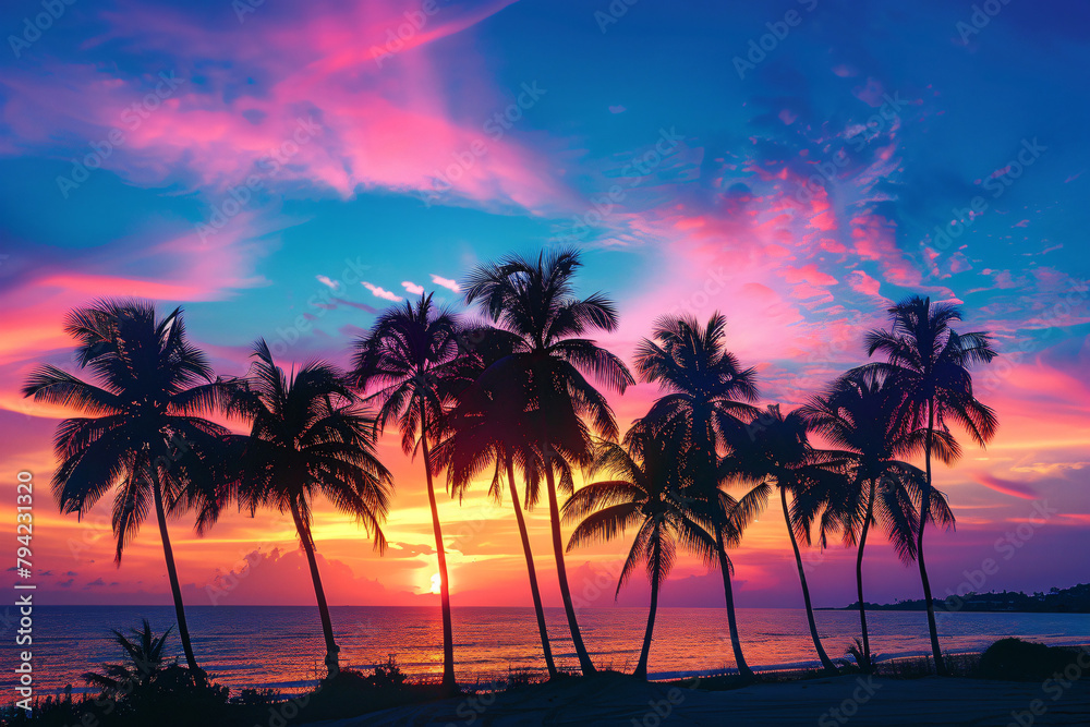 Sunset Paradise: A Beach View with Palm Trees and Colorful Sky Sunset Paradise: A Beach View with Palm Trees and Colorful Sky