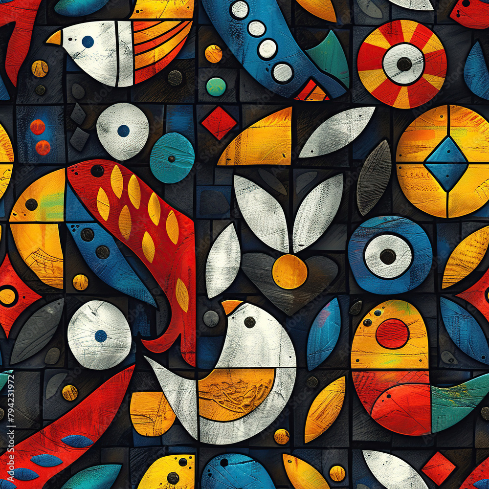Obraz premium pattern inspired by Madhubani art, characterized by eye-catching geometrical patterns. Use motifs like fish, birds, turtles, and Hindu deities, outlined in bold black with fills of bright, unmixed co