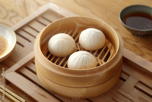 Bamboo basket filled with four dumplings, perfect for food and cuisine concepts