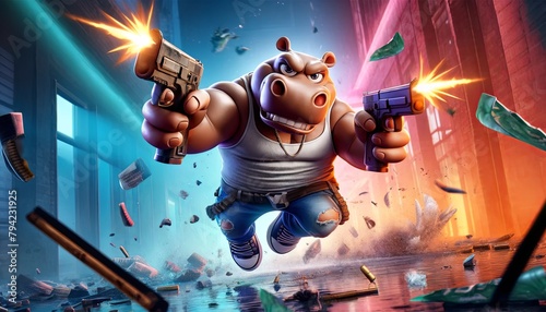 A cartoonish hippo is holding two guns and is in the middle of a violent explosion. The image has a dark and intense mood, with the hippo's aggressive stance and the destruction around him photo