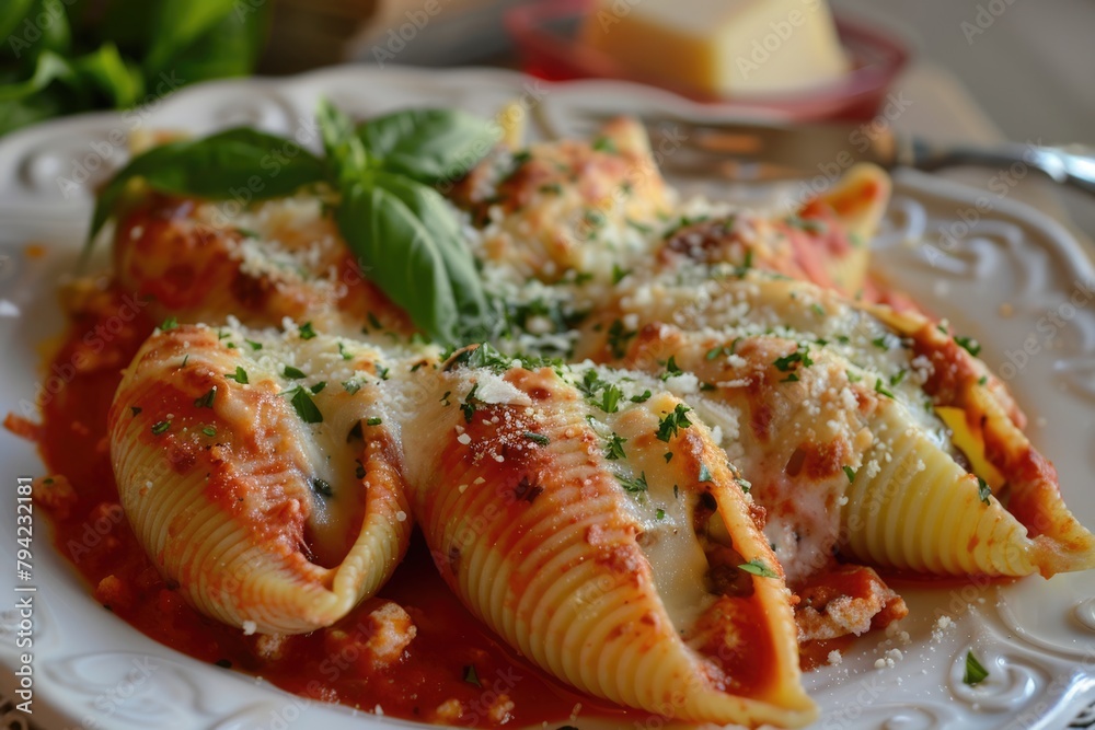 Three Cheese Stuffed Shells with Rich Tomato Sauce - Delicious Pasta Dish with Parmesan, Ricotta Three Cheese Stuffed Shells with Rich Tomato Sauce - Delicious Pasta Dish with Parmesan, Ricotta