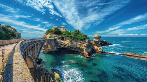  A Bridge to the Island. Enchanting Coastline in Shades of Blue with photo
