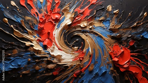 Swirl of white, black, gold, red, blue colors on canvas