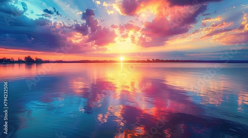 vibrant sunset over a serene lake, with colorful reflections shimmering on the water © Anisa Yunita
