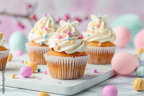 Delicious cupcakes with white frosting and colorful sprinkles on a plate. Perfect for bakery or dessert concepts