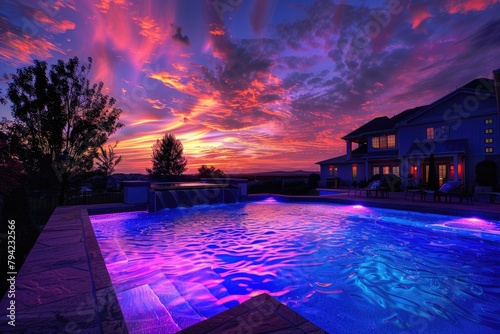 Luxury Sunset Backyard with Pool and Vibrant Twilight Sky. Enjoying a Summer Evening in Your Purple