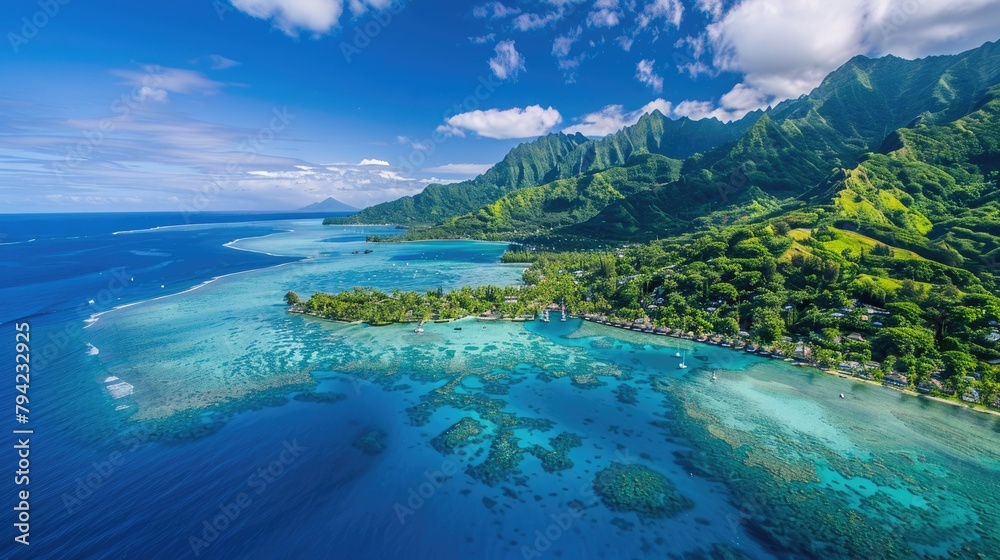 Aerial View of Moorea Island with Pristine Green Lagoon, Paradise