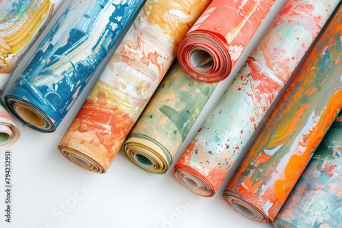 Colorful rolls of paper on a white surface, perfect for arts and crafts projects photo