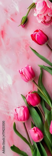 Pink Tulips and Green Leaves on a Pink Background