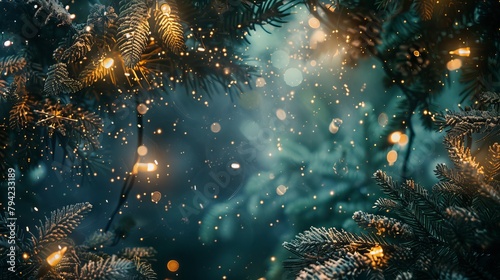 A whimsical and enchanting Christmas background featuring sparkling snowflakes and glittering fairy lights photo