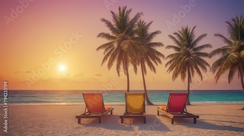 Beautiful sunrise over the ocean. Beautiful palm trees with a sun lounger. Generative AI, Generative, AI
