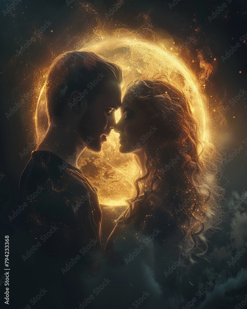 Imagine a story where the sun and the moon are lovers, their faces entwined in a passionate embrace, their light merging to create a magical twilight 8K , high-resolution, ultra HD,up32K HD