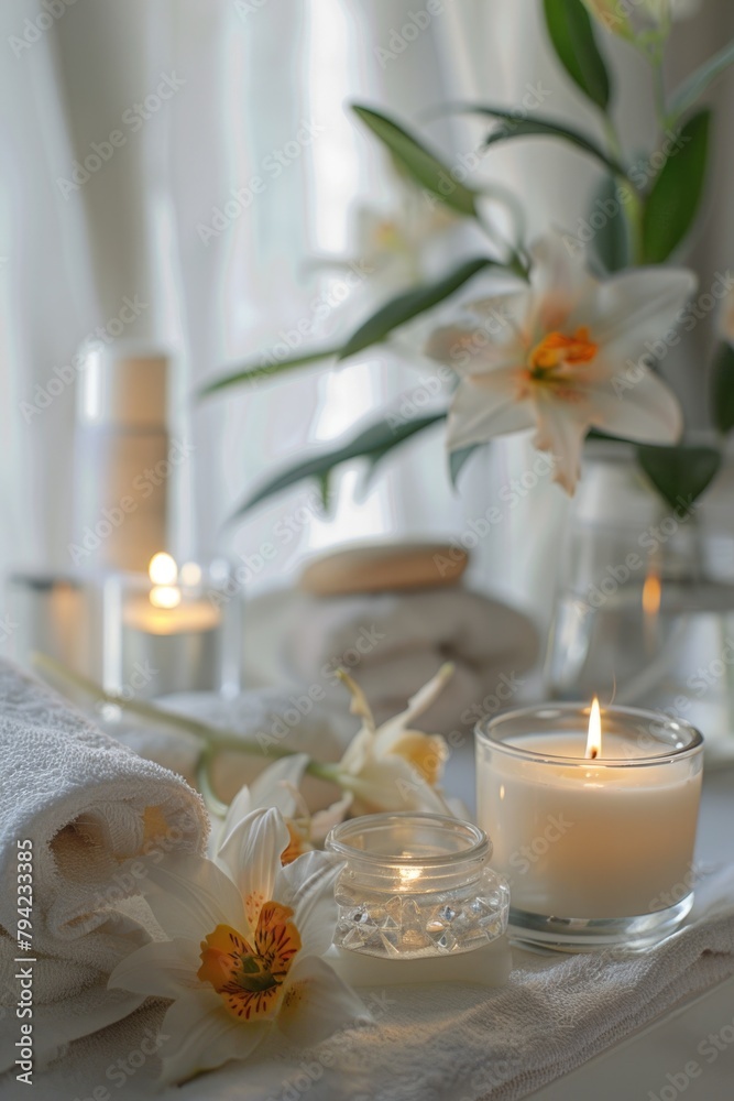 A table with elegant decor including candles, towels, and flowers. Ideal for home decor or event planning concepts A table with elegant decor including candles, towels, and flowers. Ideal for home decor or event planning concepts