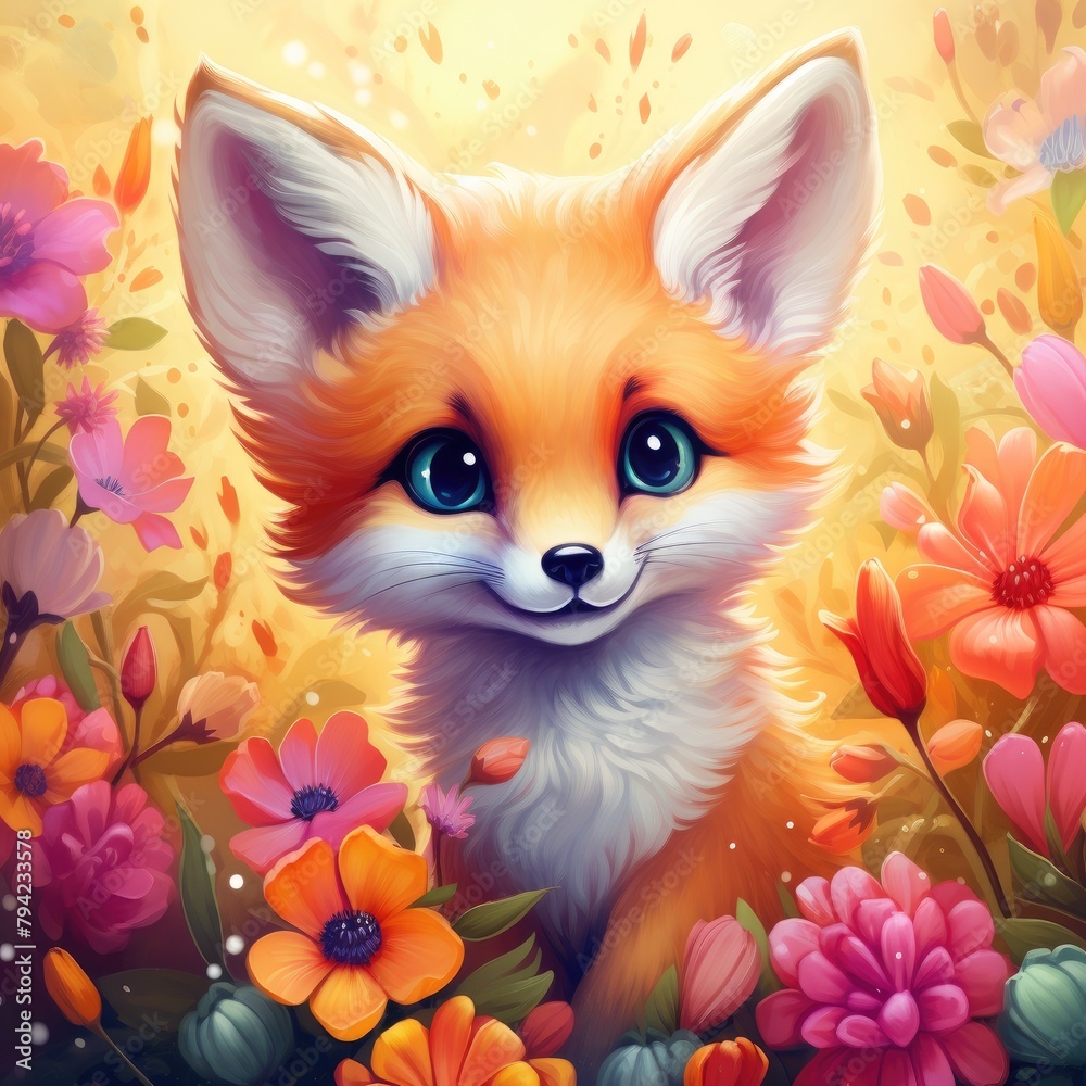 Fluffy cute little fox in a flower meadow. Fluffy cute little fox in a flower meadow.