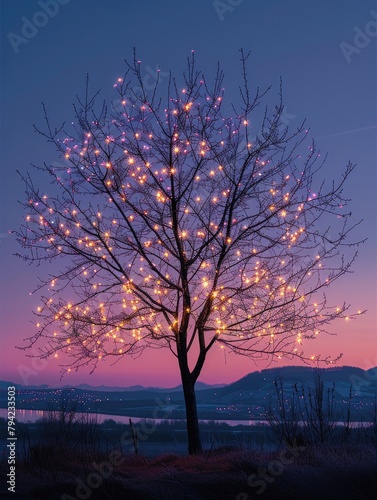 a leafless tree with illuminated branches against a twilight sky, illustration made with Generative Ai © Santasombra
