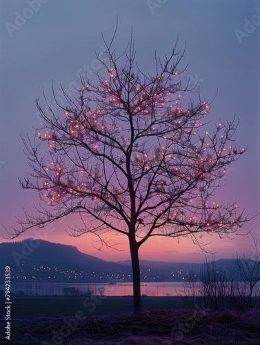 a leafless tree with illuminated branches against a twilight sky, illustration made with Generative Ai © Santasombra
