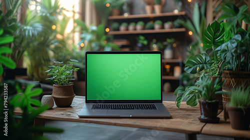 Laptop with green screen on the wooden table among flower pots. Working remotely from home photo