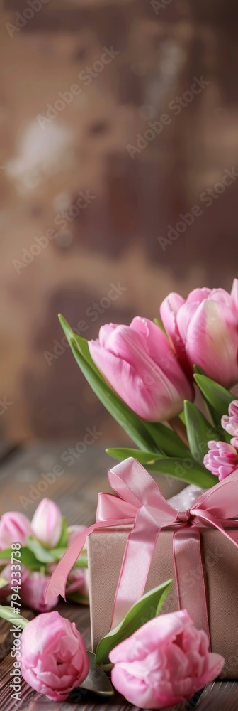 Bouquet of Pink Tulips on Wooden Table