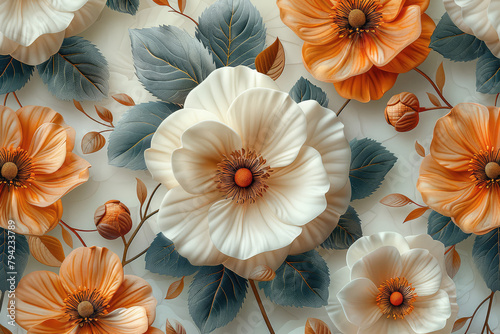 3D wallpaper stretch ceiling decoration design with orange and white flowers, flower background. Created with Ai