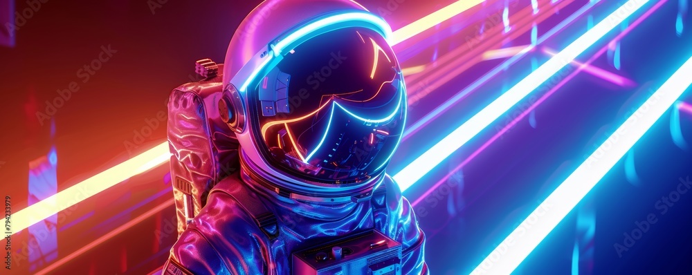 Futuristic astronaut with neon lights - obrazy, fototapety, plakaty 
