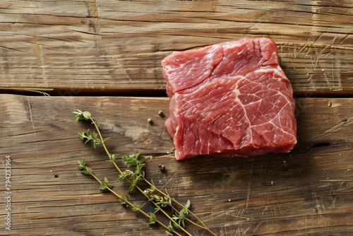 A piece of meat on a rustic wooden surface. Suitable for food-related designs