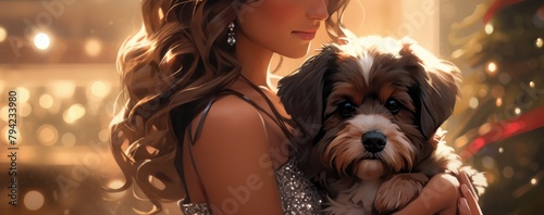 A beautiful happy girl in an evening dress hugs a dog. Christmas holiday with your favorite pet.