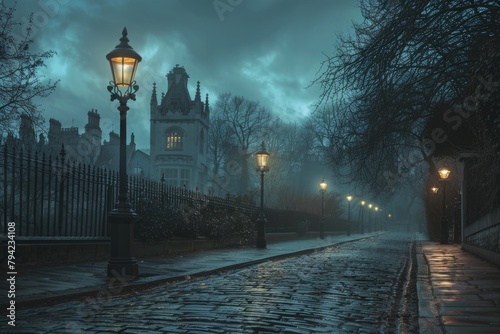 Moody Evening in Victorian London: AI Generated Image with Gas-Lights, Fog, Cobble-Stone Streets