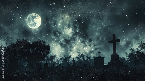 Cross in a cemetery on an ominous moonlit night